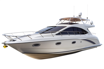 White luxury yacht with tinted windows and chrome details on transparent background isolated on a transparent background