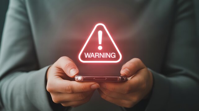 Person holding a phone with a warning sign, danger and cybersecurity alert