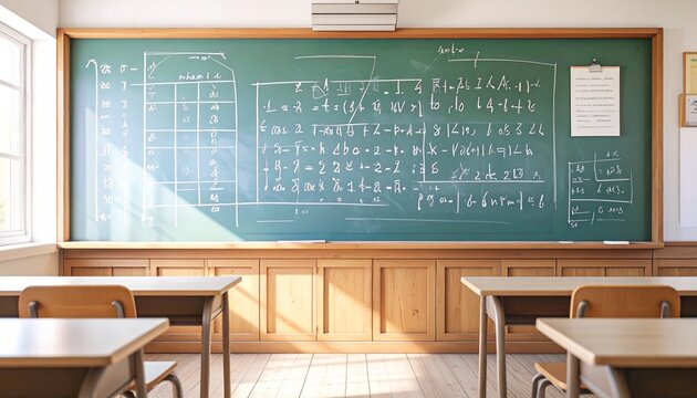 Classroom with wooden desks and chairs facing green chalkboard filled with integral calculus formulas and trigonometric identities illuminated by natural light from large windows