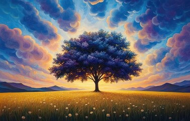 Solitary tree with lush purple foliage standing in a vibrant yellow field of wildflowers under a dramatic swirling cloud sky at sunset with distant mountains