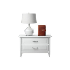 White Nightstand with Table Lamp and Leather Journal