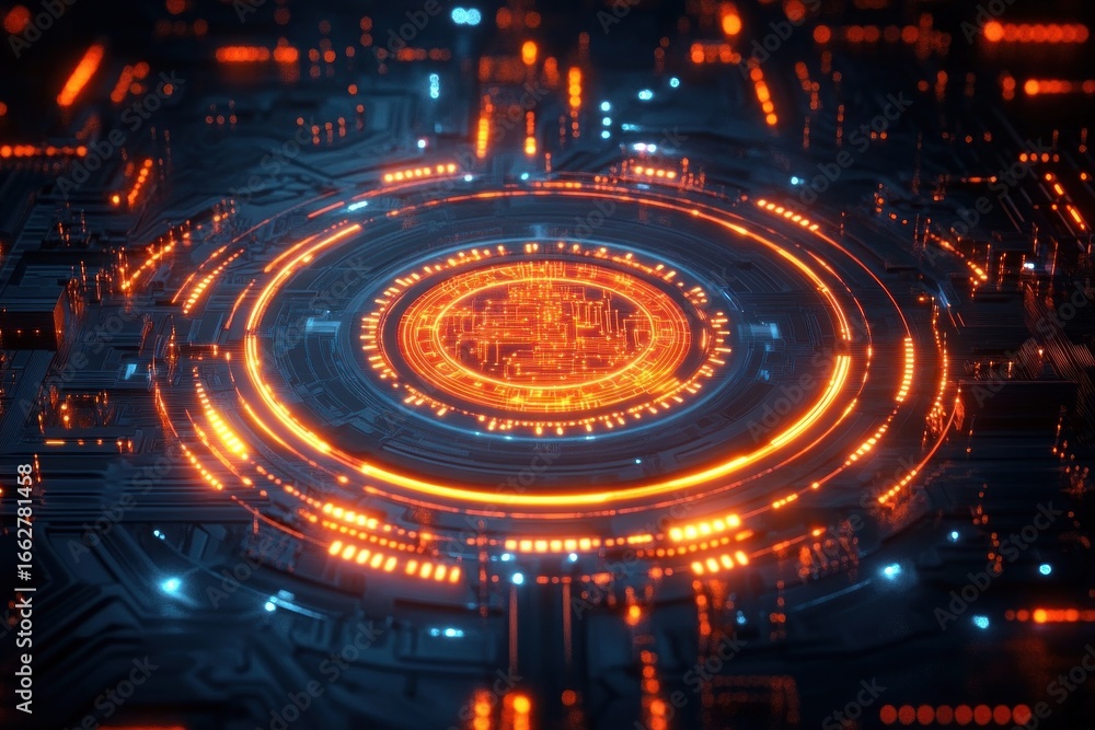 Poster futuristic glowing orange circular circuit design on a dark high-tech motherboard with intricate pat