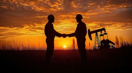 Two workers wearing helmets shaking hands in front of an oil pumpjack during a dramatic orange sunset with tall grass in the foreground