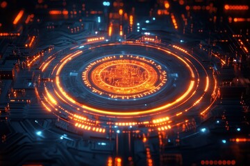 Futuristic glowing orange circular circuit design on a dark high-tech motherboard with intricate patterns and illuminated elements