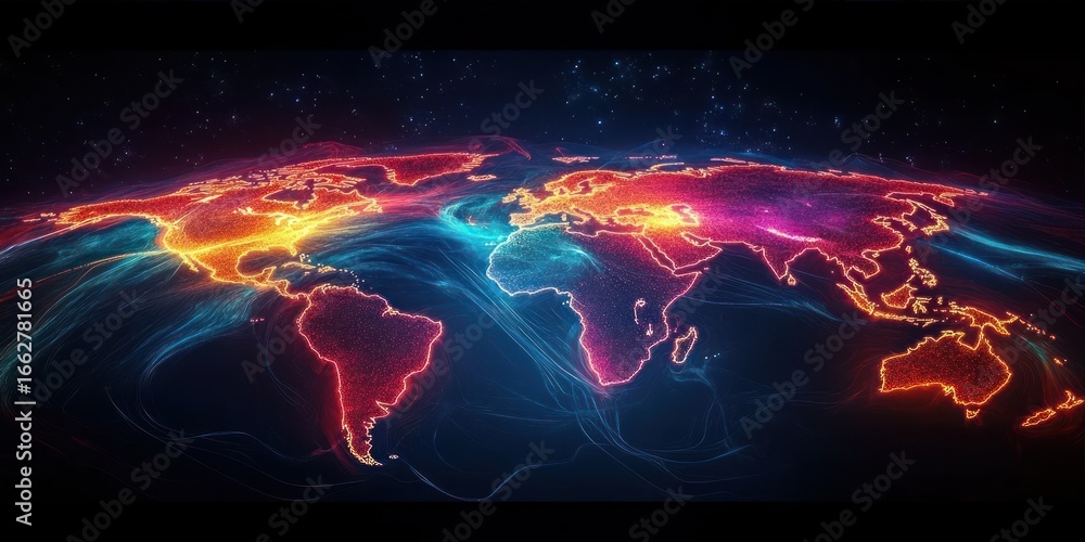 Poster vivid glowing digital map of the world showing continents in bright neon colors with flowing light t