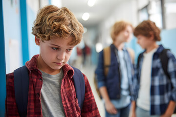 School friends bullying a sad boy in corridor