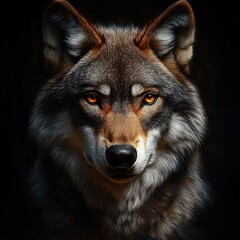 Close-up portrait of a wolf with piercing amber eyes and detailed fur against a dark background, conveying intensity and wild beauty