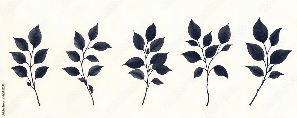 Poster five delicate black botanical branches with elongated leaves arranged horizontally on a light backgr