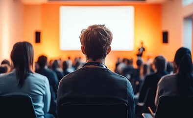 Audience attending a presentation or conference in a dimly lit room with a bright screen and a speaker in the background, focused and engaged atmosphere