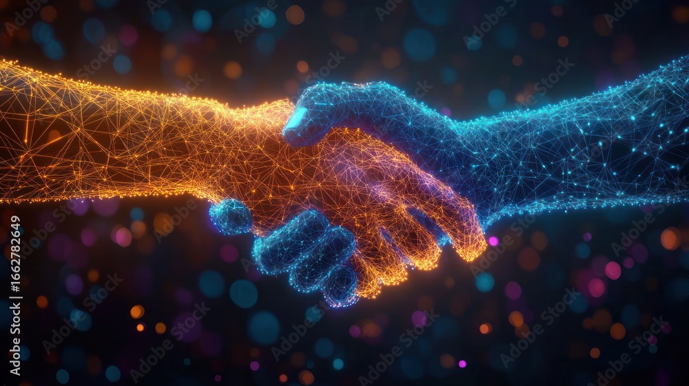 Poster digital blue and orange wireframe hands shaking, symbolizing technology connection and cooperation w