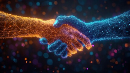 Digital blue and orange wireframe hands shaking, symbolizing technology connection and cooperation with glowing nodes on dark background