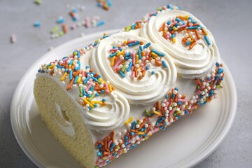 A photograph of a pristine white vanilla cake roll