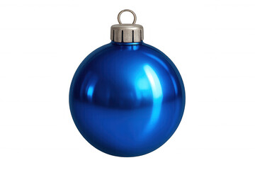 Christmas bauble gleaming, deep sapphire blue, suspended against clean white backdrop, ready for festive graphic design needs