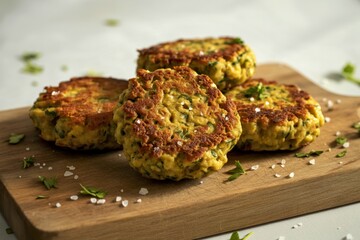 On wooden cutting board, there are several golden-brown, crispy-looking patties