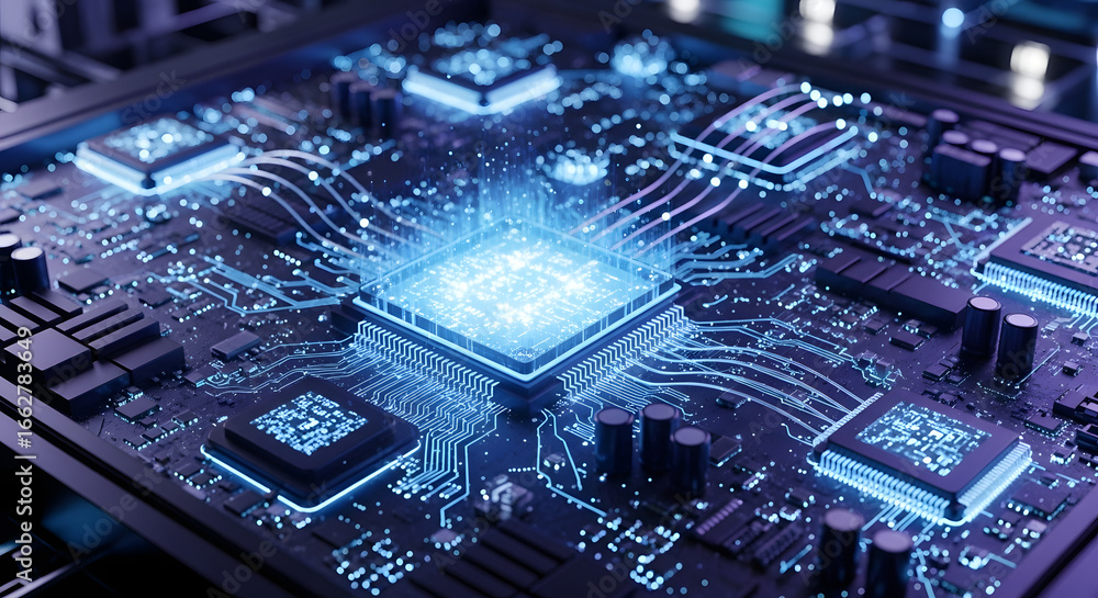 Poster illuminated circuit board showcasing intricate design and advanced technological capabilities with g