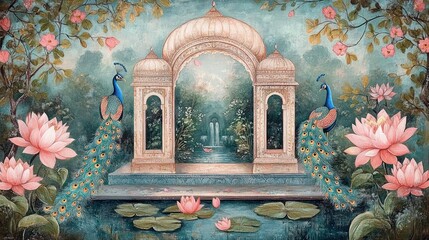 Serene garden scene featuring two peacocks perched on ornate arches surrounded by lotus flowers and lily pads with a fountain in the background