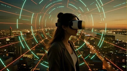 Person wearing VR headset experiencing a futuristic cityscape with neon light trails
