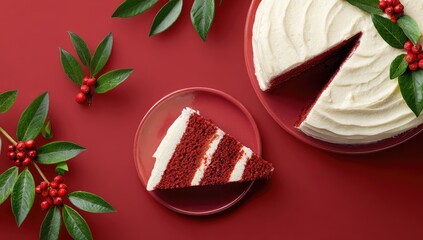 Red velvet cake slice on red plate, topped with cream cheese frosting, holly sprigs, on a red surface