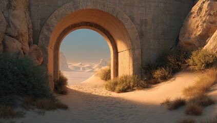 Desert archway leading to a distant landscape
