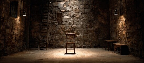 Dimly lit stone room with single chair