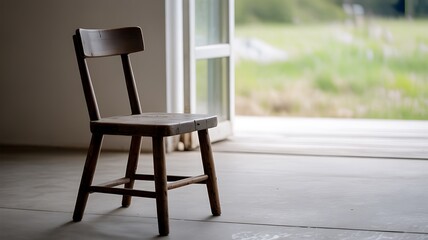 Empty wooden chair by a large window overlooking a green landscape