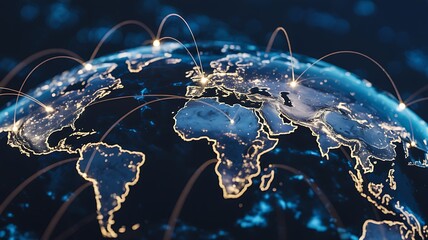 Global network connections and digital data flow across the planet at night