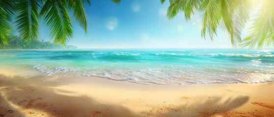 Fototapeta premium The beautiful tropical beach with clear water and palm trees gently swaying.