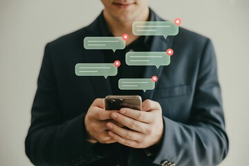 Businessman using mobile phone with message notification icons overlay