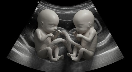 3D Ultrasound Image of Twin Fetuses in Womb Black and White Medical Scan