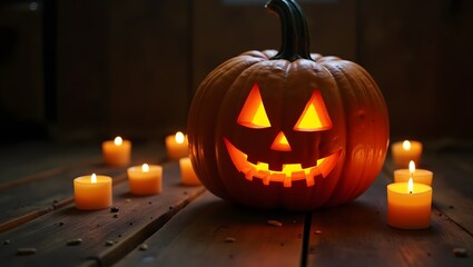 Halloween pumpkin with glowing face, candles around on rustic wooden floor.