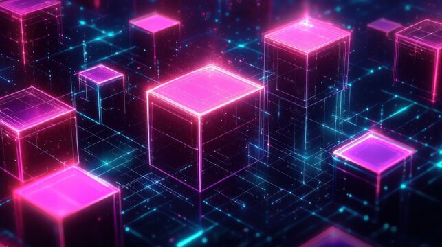 Glowing pink and blue digital cubes floating in a dark futuristic grid environment creating a neon cyber technology atmosphere