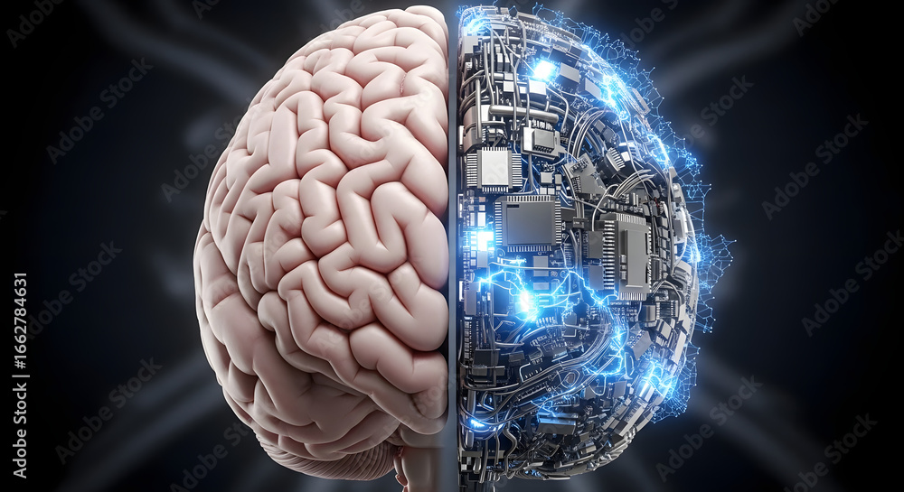 Poster the convergence of human intelligence and artificial prowess displayed through a half human brain me