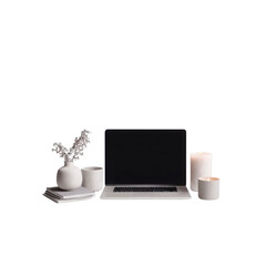 Serene Workspace Laptop, Candles, and Dried Flowers on Books