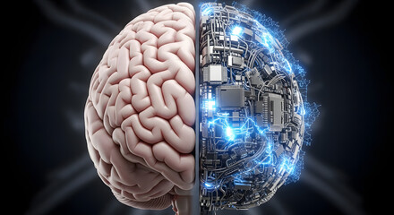 The convergence of human intelligence and artificial prowess displayed through a half human brain merging with a sophisticated computer circuitry, symbolizing advanced cognitive technology and