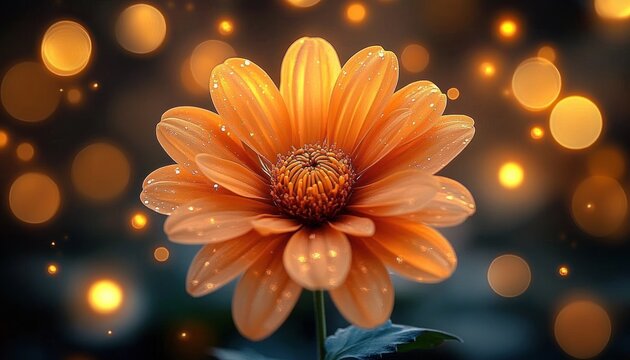Close-up of an orange daisy flower with water droplets on petals and glowing bokeh lights in the dark background creating a warm and magical atmosphere