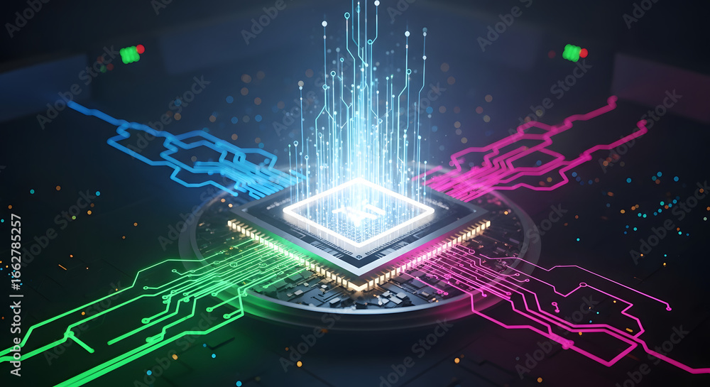 Poster futuristic processor with vibrant circuit paths emitting energy, symbolizing data transmission and a
