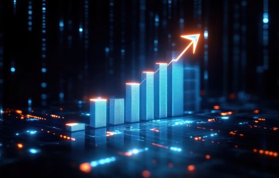 Glowing 3D digital bar graph with ascending arrow indicating growth or progress on a futuristic data grid background