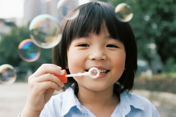 Joyful Asian child blowing bubbles creating a moment of pure childhood fun, happiness, and wonder in a bright outdoor setting