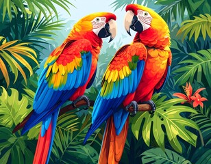 Fototapeta premium Two Macaws Perched in Lush Jungle