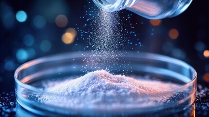 Close-up of fine white powder being poured from a glass container into a transparent petri dish with blue and orange blurred background lights