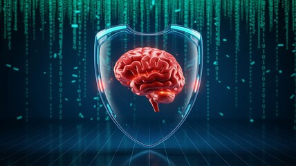 Human brain protected by a digital shield against cyber threats and data breaches