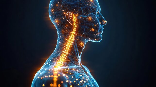Digital illustration of a human upper body with highlighted spine and neural network pathways glowing in orange and blue on a dark background, representing anatomy and neural connectivity