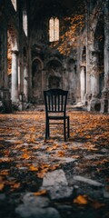 Abandoned church interior, single chair amidst autumn leaves