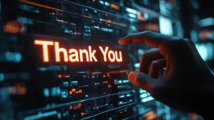 Hand reaching towards glowing orange digital text saying thank you on a futuristic blue and black tech interface background