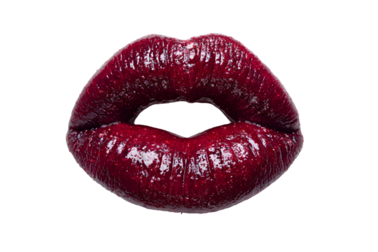 Sensual red lips with glossy texture on a transparent background close-up