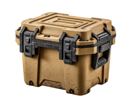 Sturdy tan emergency box with rugged black latches, durable handle, and weathered texture, ideal for outdoor adventure, camping, or survival situations, evoking preparedness and security