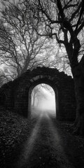 Misty archway through ancient woodland