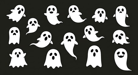 Cute Cartoon Ghosts Collection with Fun Expressions on Dark Background"