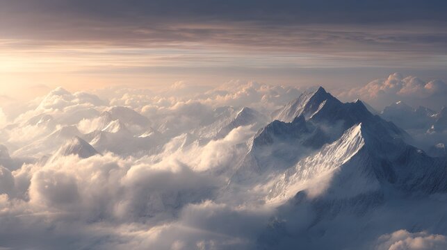 A cinematic aerial view of snow-capped mountain peaks breaking through thick clouds