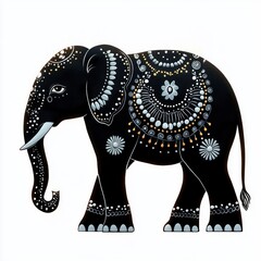 illustration of a black elephant decorated with intricate white and gold floral and circular patterns on a white background